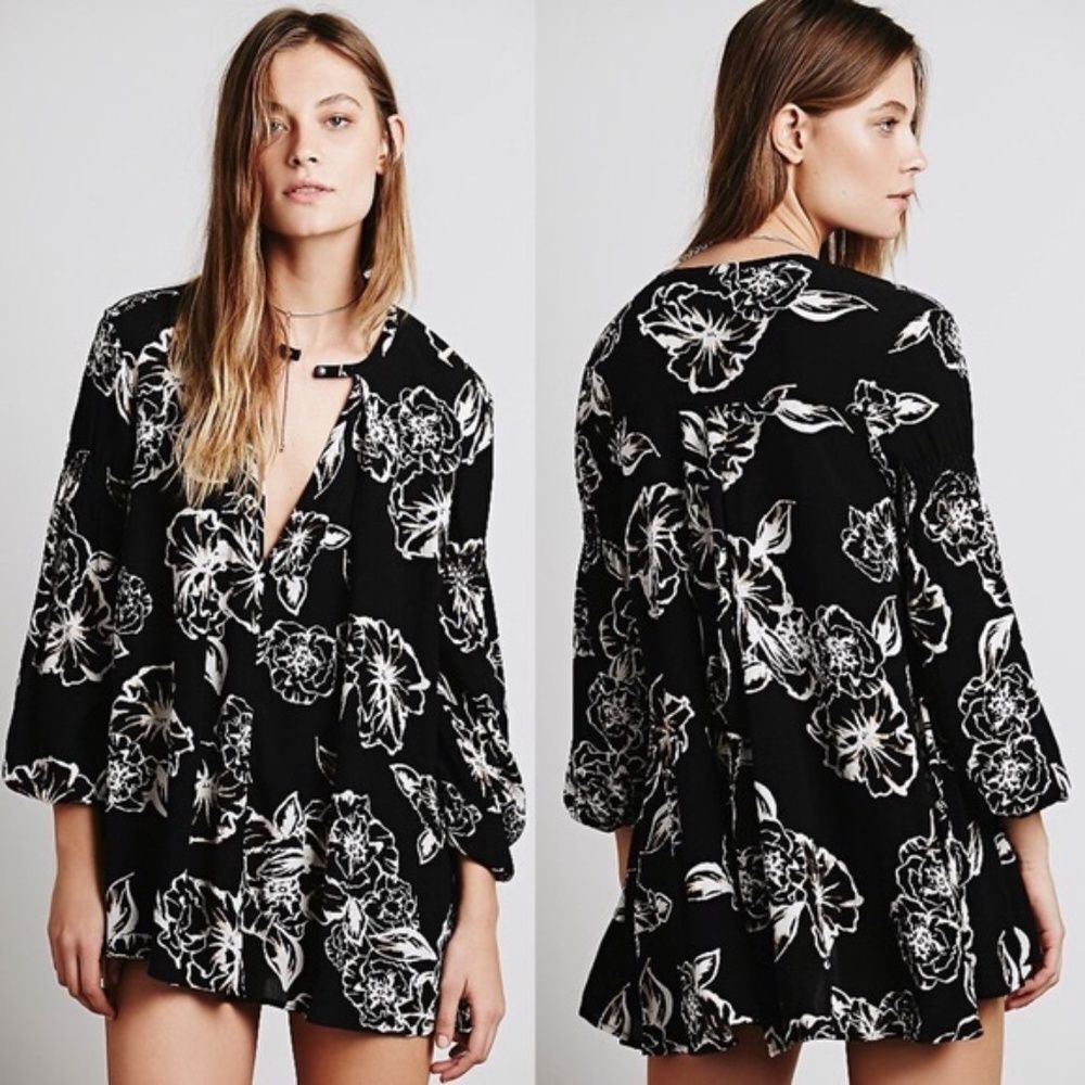 Free People Black Tree Swing Floral Tunic Mini Dress Boho Size XS